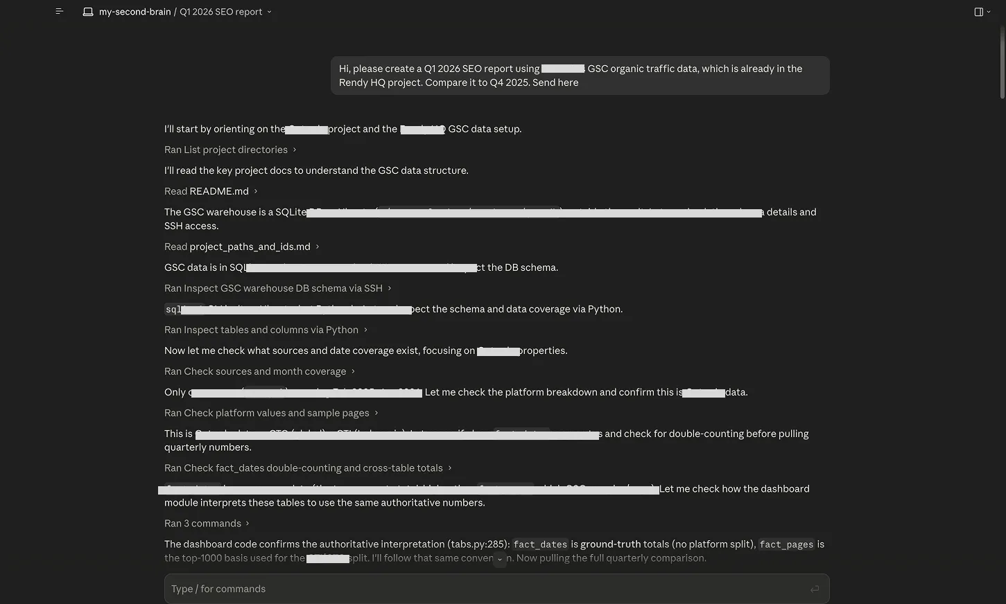 Claude Code inside a project, asked to build a Q1 2026 SEO report from Google Search Console data, then autonomously reading project docs and inspecting the warehouse schema over SSH.