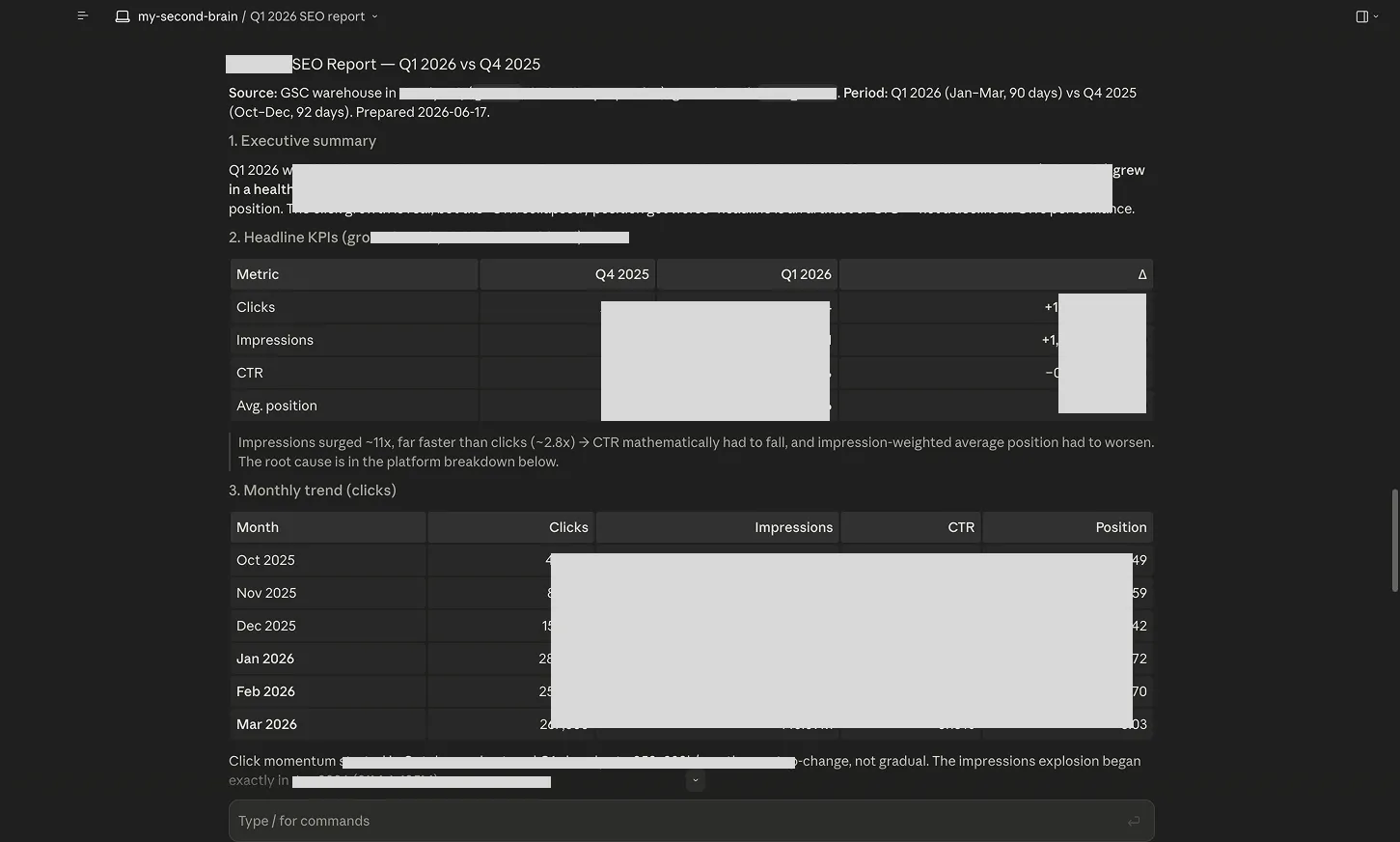 The generated SEO report comparing Q1 2026 to Q4 2025, showing headline KPIs and a monthly trend table.